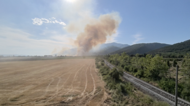 Пожар гори в житен блок в мъглижкото село Ветрен, огънят застрашава боров масив