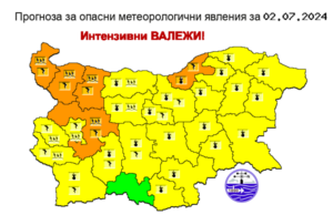 Оранжев и жълт код за валежи, гръмотевични бури и горещо време на места в страната е обявен за днес