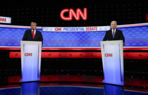 Момент от катастрофалните за президента на САЩ Джо Байдън (демократ) телевизионни дебати с кандидата на републиканците Доналд Тръмп