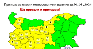 Жълт код за гръмотевични бури и валежи за 13 области издаде НИМХ, а във Велико Търново, Русе и Силистра предупреждението е за горещо време