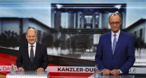 Лидерът на консервативната опозиция Фридрих Мерц и канцлерът социалдемократ Олаф Шолц участват в телевизионни дебати четири дни преди предсрочните парламентарни избори в Германия