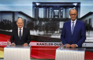 Лидерът на консервативната опозиция Фридрих Мерц и канцлерът социалдемократ Олаф Шолц участват в телевизионни дебати четири дни преди предсрочните парламентарни избори в Германия