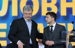 На снимката: Порошенко /ляво/ и Зеленски /дясно/