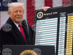 Доналд Тръмп показва таблицата с първоначалните митнически ставки на 2 април, 2025 г.