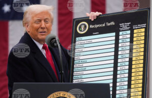 Доналд Тръмп показва таблицата с първоначалните митнически ставки на 2 април, 2025 г.