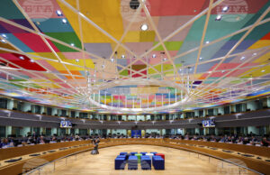 Заседателната зала в сградата на Европейския съвет в Брюксел, 10 май 2022 г.