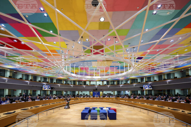 Заседателната зала в сградата на Европейския съвет в Брюксел, 10 май 2022 г.