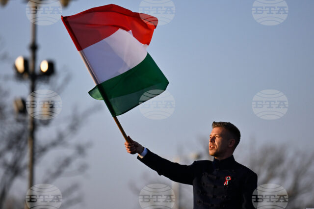 идерът на унгарската опозиция Петер Мадяр развява знамето на Унгария по време на предизборно събитие в Будапеща, 15 март 2026 година.